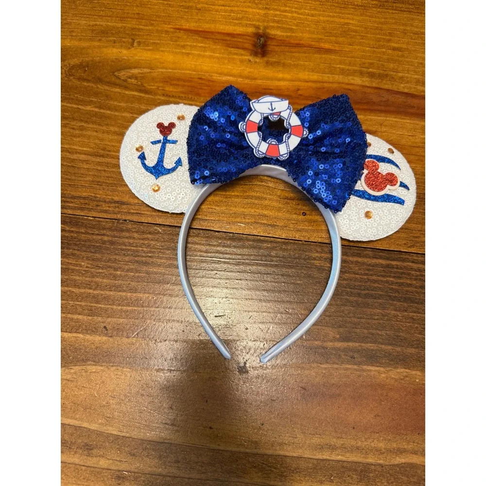Disney Cruise Inspired Minnie Mouse Ears Headband Navy Blue Nautical Excellent